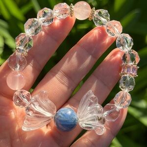 7‎ inches stretchable clear quartz, rose quartz, kyanite bracelet 0715